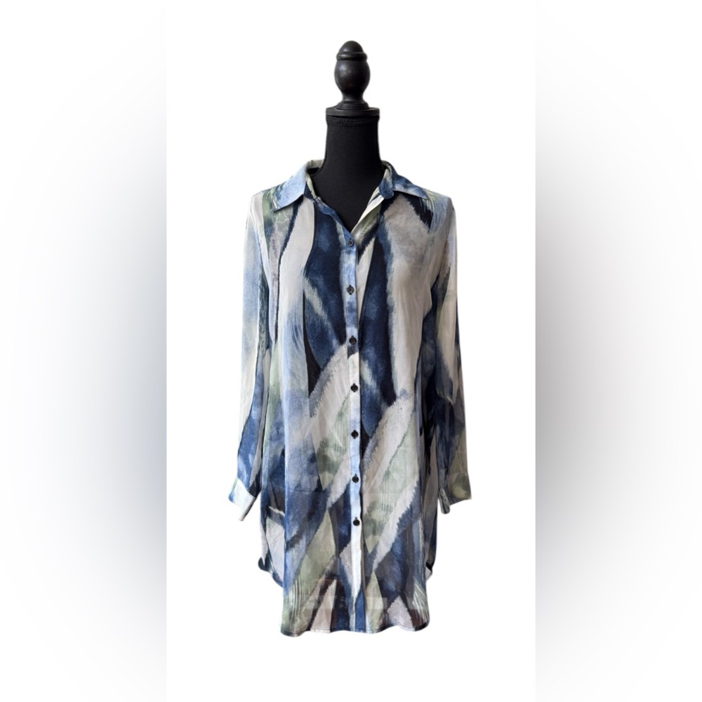 Chico's Elegant Blue, Green, and Ivory White Button Down Shirt